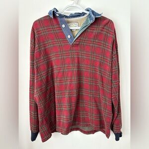 Vintage American Eagle Red Plaid Long Sleeve Polo Shirt with Denim Collar